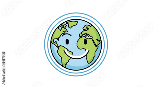 Smiling cartoon earth with green continents and blue oceans, happy face, winking eye, white background, blue rings