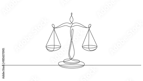 Minimalist continuous line drawing of balance scale, abstract modern artwork symbolizing justice, fairness, equality, law, ethics, and decision-making