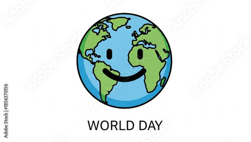 Happy smiling earth with green continents and blue oceans on white background for world day