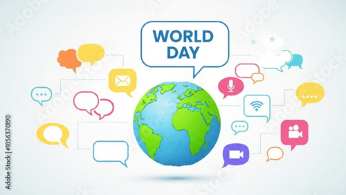 Vibrant world day illustration with speech bubbles and globe on white background symbolizing global communication