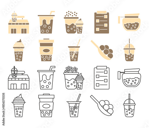 Bubble Tea Flat Icon Set with Boba Drinks and Cafe Elements. Boba Milk Tea Drinks Flat Icon Set