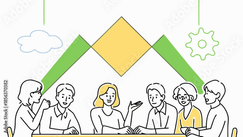 Illustration of a group of people sitting at a table under a design with cloud and gear icons above