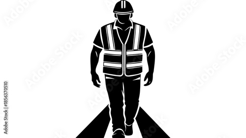 Silhouette of Male Construction Worker Walking and Using Walkie-Talkie Radio