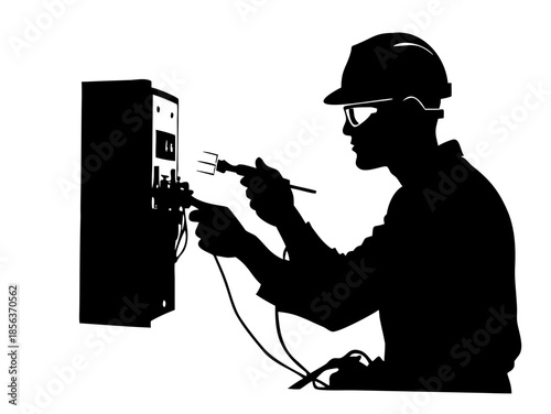 Silhouette of Electrician Technician Repairing Electrical Power Box with Tools