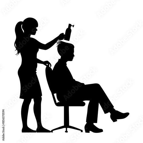 Silhouette of Male Hairdresser Applying Hair Spray to Female Client in Salon Chair