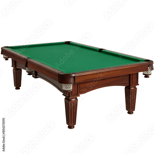 An elegant classic wooden billiard table with vibrant green felt and decorative pockets for games, isolated on transparent background