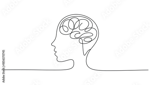 Minimalist continuous line art illustration of a human profile with a brain, simple black outline for mental health and psychology.