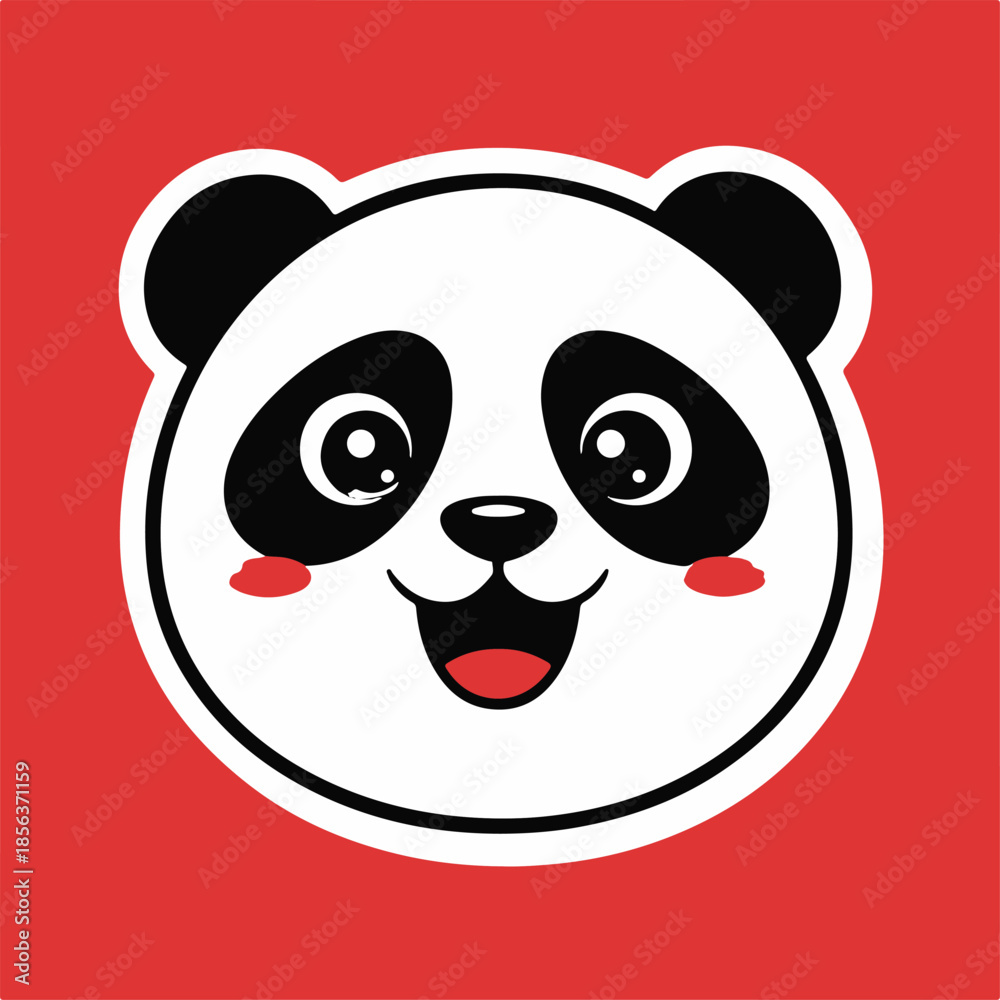 Fototapeta premium Cute panda sticker, happy expression, flat vector style, bold outline, minimal shading on red background.eps