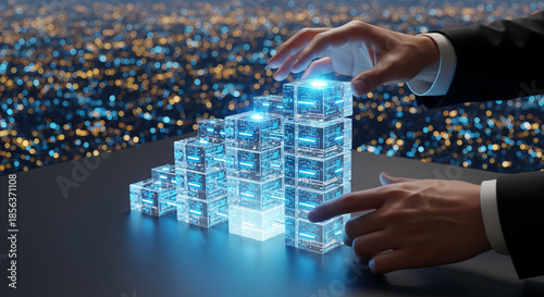 Hands building a glowing futuristic data graph, symbolizing growth and digital progress.