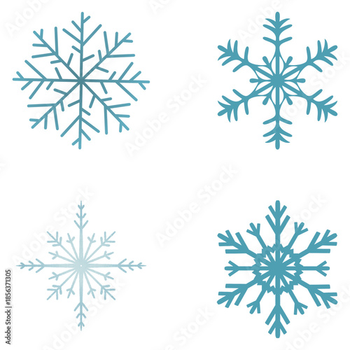 Set of four blue and teal snowflake icons in various geometric shapes. High-quality EPS vector elements for winter weather graphics, holiday designs, and seasonal backgrounds.