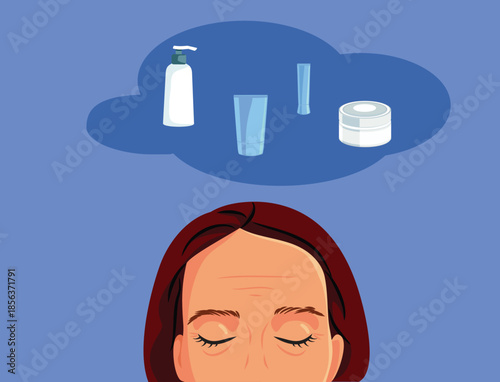 Woman with Forehead Wrinkles Thinks about Skincare Vector Illustration. Millennial girl considering staring her beauty routine against wrinkles