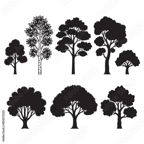 Collection of various tree silhouettes in black on transparent background