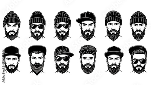 Stylized collection of diverse bearded men illustrations featuring various facial hair and headwear fashion