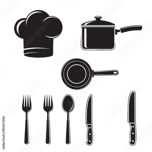 Set of Kitchen Utensils Including Pot Pan Fork Knife And Spoon