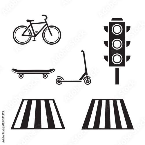 Set of urban transportation and pedestrian crossing icons for city safety and mobility