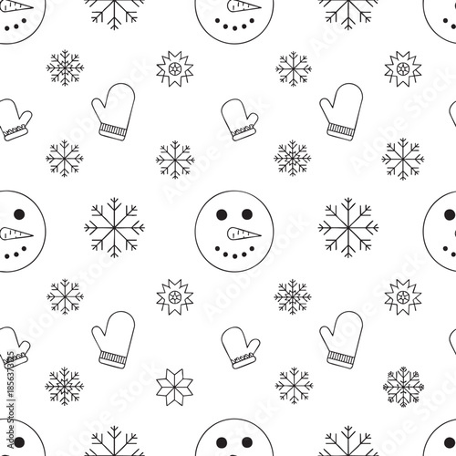 Winter Snowman Pattern with Snowflakes and Mittens for Holiday Design