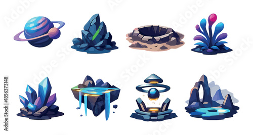 Stylized celestial and terrestrial structures: planet, rocks, crystals, geodes, fountains, portals, and mystical pools