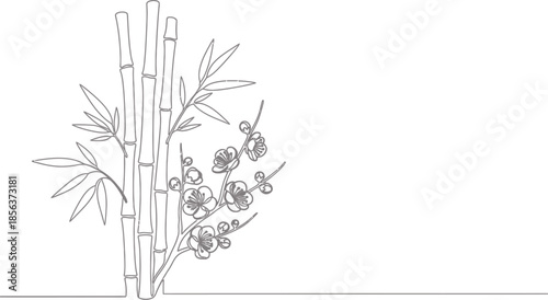 Minimalist continuous line art drawing featuring elegant bamboo stalks contrasted with delicate plum blossoms symbolizing endurance and beauty
