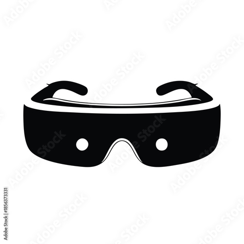 Black virtual reality goggles with white accents on a plain white background.