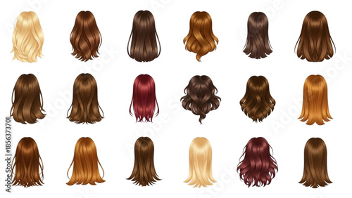 Collection of diverse hairstyles in various colors and lengths for customization