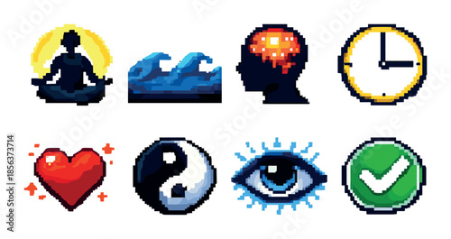 Pixel art icons: meditation, ocean waves, brainstorming, clock, heart, yin yang, eye, checkmark