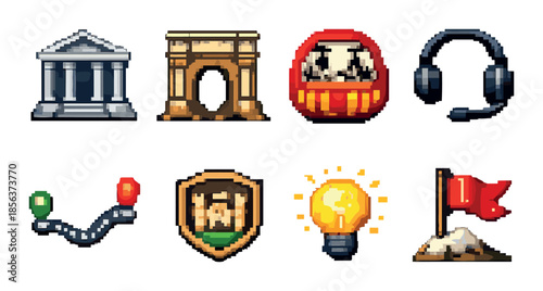 Pixel art icons featuring architectural landmarks, daruma doll, headphones, and various symbols