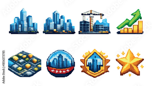 Pixel art: cityscape, construction, growth chart, and achievement badges