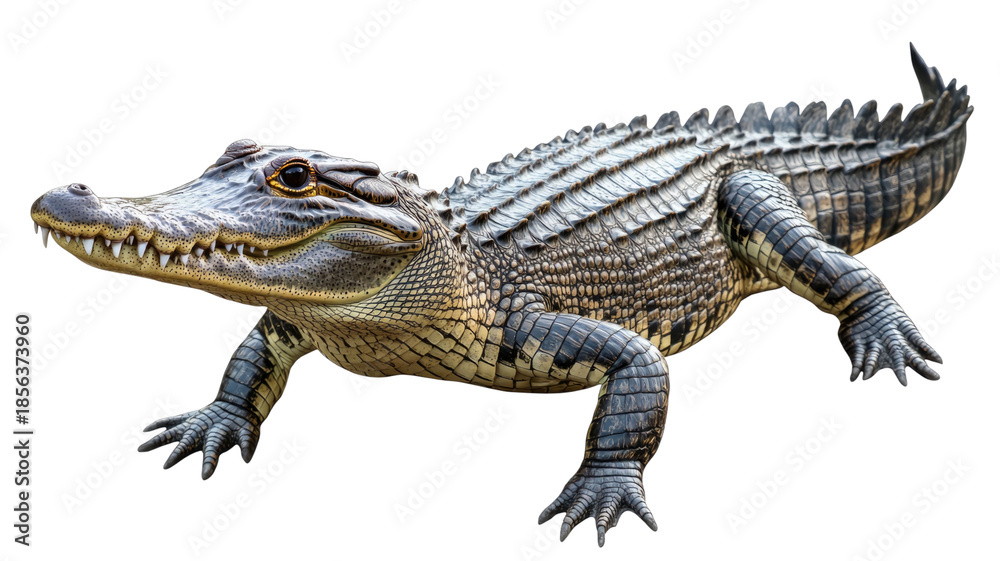 Naklejka premium Detailed crocodile reptile with textured scales and powerful body shown in side view isolated on white background