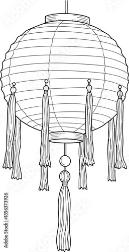 Black and white line art illustration of a traditional spherical paper lantern adorned with delicate hanging tassels for decoration or celebration
