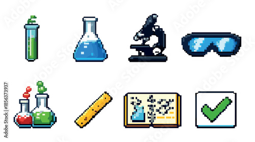 Pixel art laboratory icons featuring beakers, microscope, and safety goggles