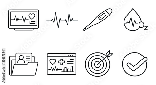 Healthcare icons: heartbeat, thermometer, medical folder, target, checkmark
