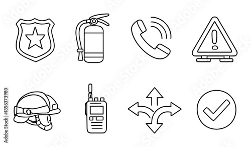 Emergency response icons: safety gear, communication, alert symbols