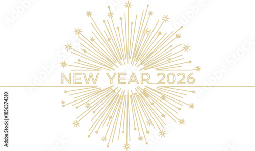 Elegant gold line art design featuring a stylized firework burst celebrating the arrival of the New Year 2026 holiday season