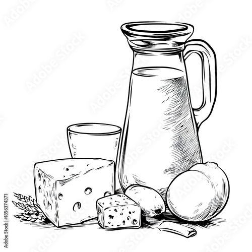 Fresh dairy products and fruits on a rustic table