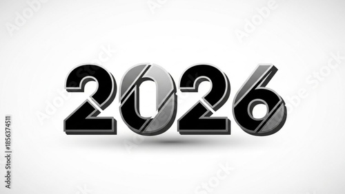 3d rendered 2026 numbers in metallic silver and black on white background, futuristic calendar date or new year celebration concept