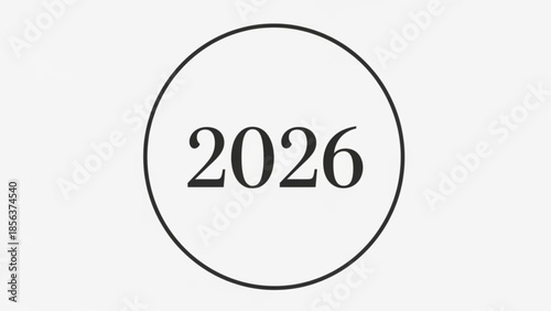 A minimalist black and white illustration of the year 2026 in a circle, symbolizing the future, on a clean white background
