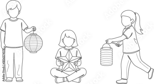 Three children participating in a cultural celebration holding traditional lanterns and a star shaped decoration outline