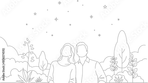 Minimalist line art illustration depicting a faceless couple standing together outdoors beneath a starry night sky surrounded by nature elements.