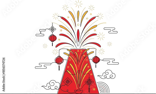 Festive illustration depicting a red stylized firework erupting brightly amidst traditional Chinese lanterns and abstract cloud elements