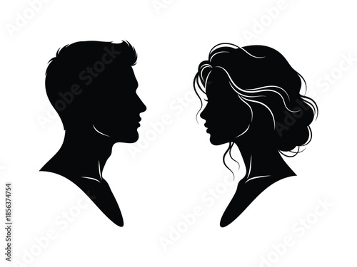 Silhouettes of a man and a woman facing each other in profile