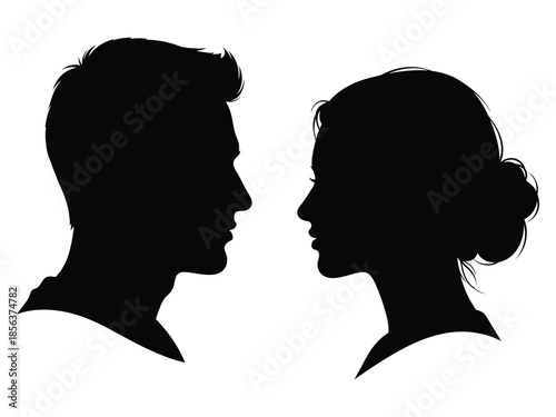 Silhouettes of a man and a woman facing each other in profile view