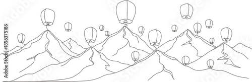 Numerous glowing sky lanterns ascend above rugged mountain peaks in a serene, minimalist line art drawing