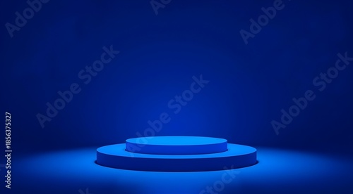 Minimalist electric blue circular podium stage backdrop with soft spotlighting illuminating the base