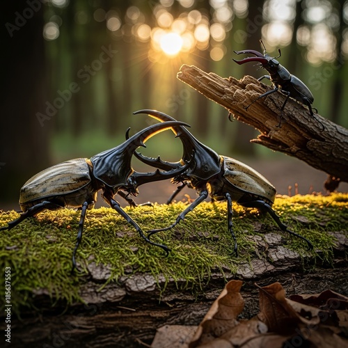 Highlight beetles clashing with horn like pincers or perched on