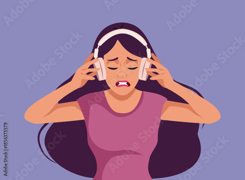 Woman Listening to Bad Music on Headphones Vector Illustration. Girl complaining about noise using soundproofing headset to cancel it 
