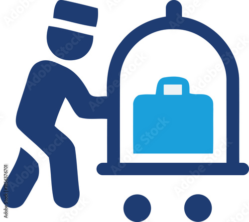 A blue icon depicting a bellhop with luggage on a rolling cart