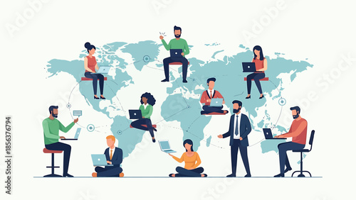 Global Team Collaboration in Flat Design with Pastel Colors on White Background for Business Marketing