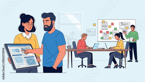 Team Collaboration Modern Office Workspace Bright Natural Lighting Flat Vector Illustration Corporate Teamwork