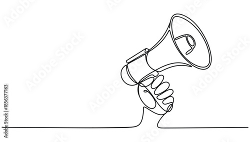 Minimalist continuous line art illustration of a hand holding a megaphone, simple black outline drawing for marketing, news, and announcement.