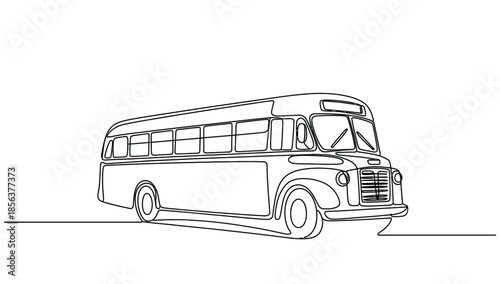 Continuous line art illustration of a vintage bus, minimalist black outline drawing of classic city transportation for travel and tourism.